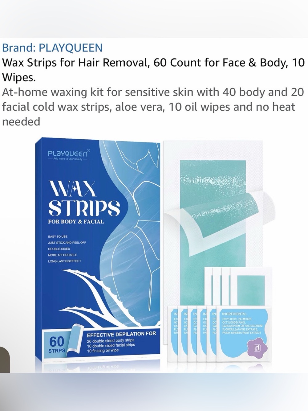 Playqueen Wax Strips for Body & Face – 60 Count with Wipes